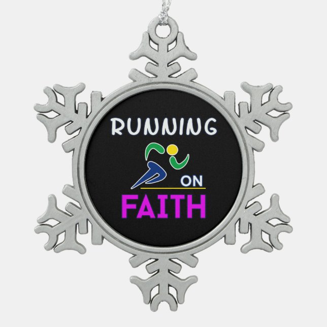 Running on Faith Christian Runner Snowflake Pewter Christmas Ornament (Front)