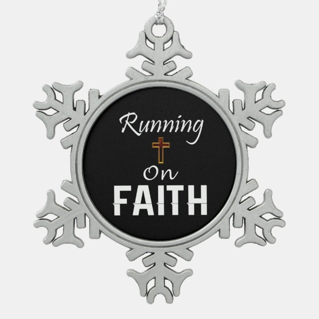 Running on Faith Runner Snowflake Pewter Christmas Ornament (Front)