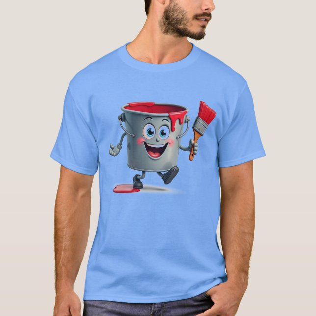 Running Paint Bucket Mascot Cartoon with Brush T-Shirt (Front)