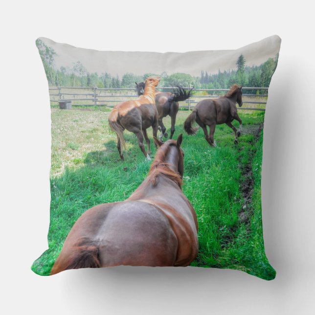 Running Pinto Paint Gelding & Chestnut Stallions Throw Pillow (Front)