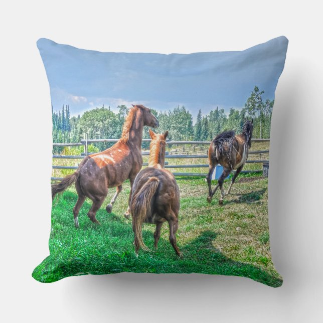 Running Pinto Paint Gelding & Chestnut Stallions Throw Pillow (Front)