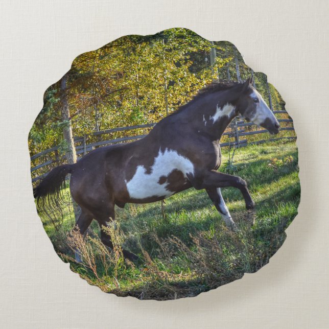 Running Pinto Paint Stallion on a Horse Ranch Round Pillow (Back)