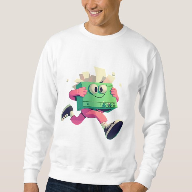 Running Printer with Flying Papers – Tech Humor Sweatshirt (Front)