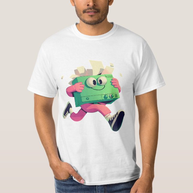 Running Printer with Flying Papers – Tech Humor T-Shirt (Front)