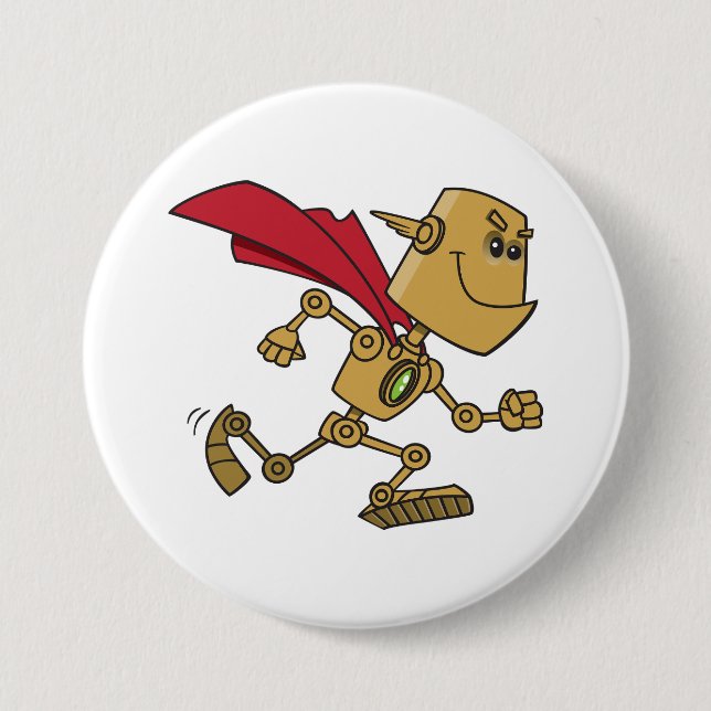 Running Robot Superhero Cartoon Character Button (Front)