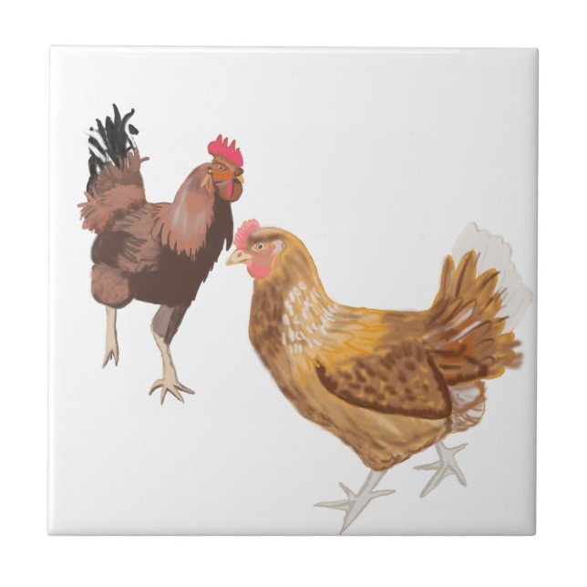 Running Rooster and Brown Hen Ceramic Tile (Front)