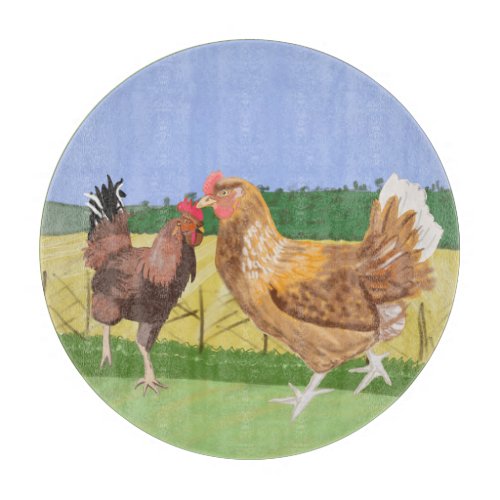 Running rooster and brown hen in the countryside cutting board