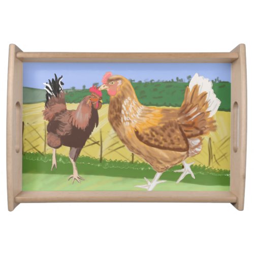 Running rooster and brown hen in the countryside serving tray