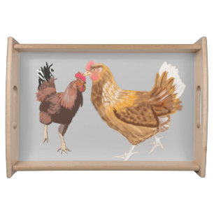 Running rooster and brown hen serving tray