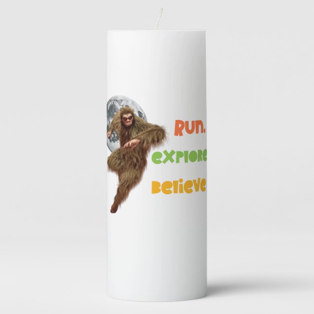 Running Sasquatch Adventure Believe Design Pillar Candle (Front)