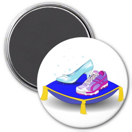 Running shoe and princess glass slipper on pillow magnet