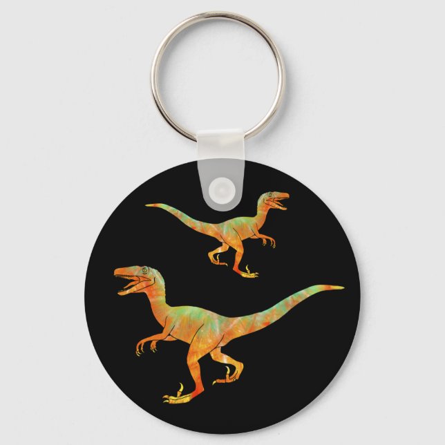 Running Velociraptor Scary Jurassic Dinosaur Art Keychain (Front)