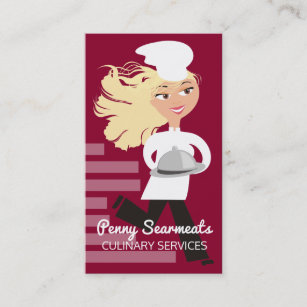 Running woman chef dome platter catering culinary business card