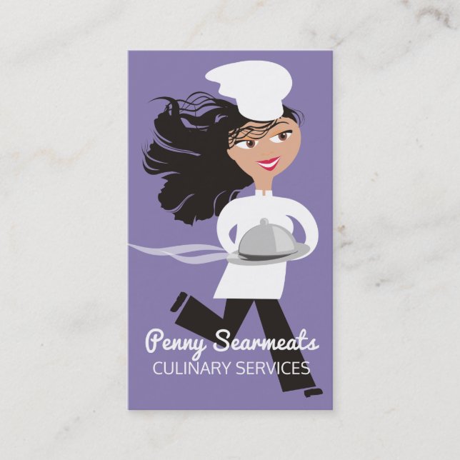 Running woman chef dome platter catering culinary business card (Front)