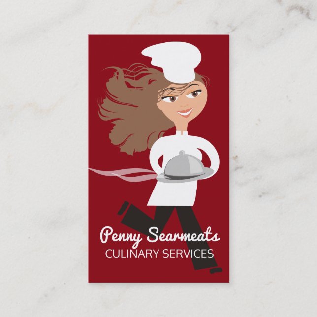 Running woman chef dome platter catering culinary business card (Front)