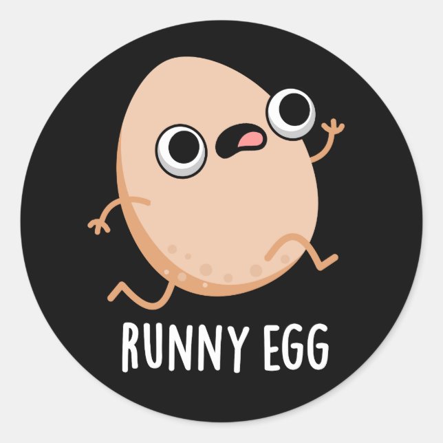 Runny Egg Funny Running Egg Pun Dark BG Classic Round Sticker (Front)