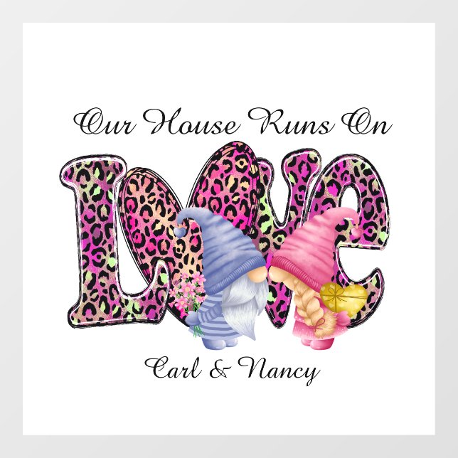 Runs On Love, Gnome Couple Personalize  Window Cling (Sheet)