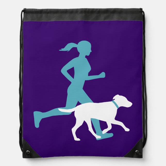 Runs with Dog- Teal/white/royal Drawstring Bag (Front)