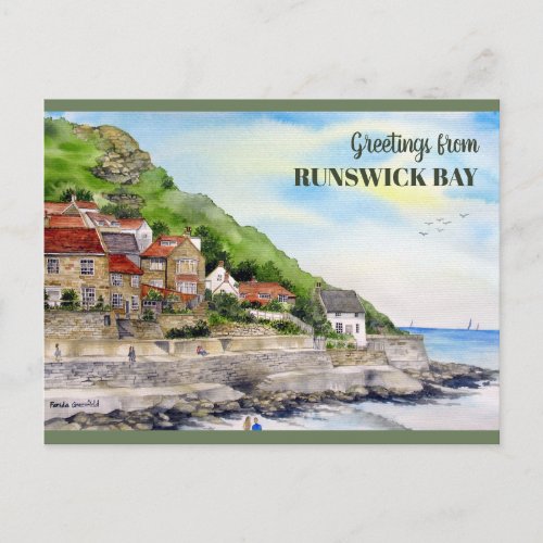 Runswick Bay Yorkshire England Watercolor Painting Postcard