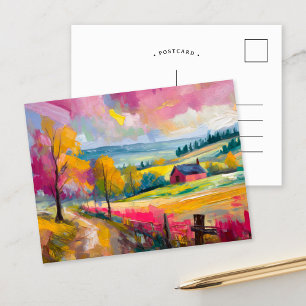 Rural Autumn Landscape Modern Abstract Art Postcard