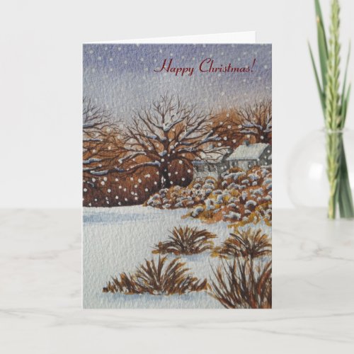 rural cottages in the snow scene seasonal holiday card