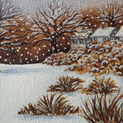 rural cottages rustic snow scene original art keep gift box