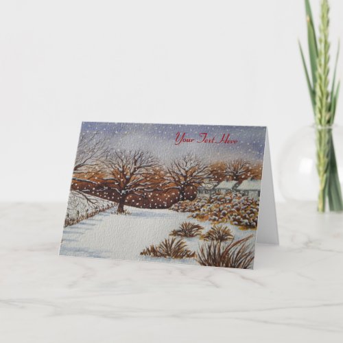 rural cottages snow original seasonal art holiday card