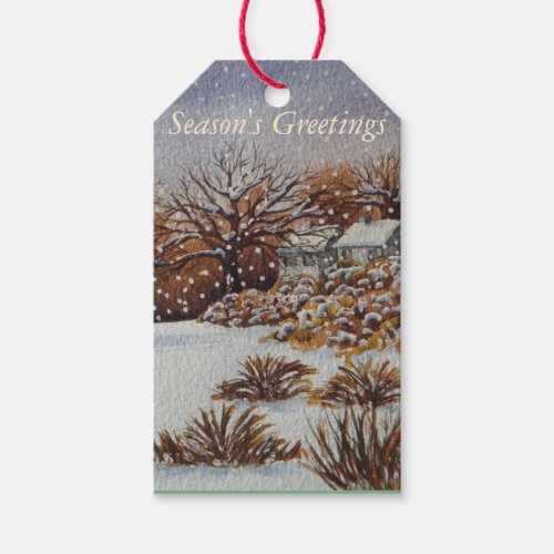 rural cottages snow scene art christmas gift tags