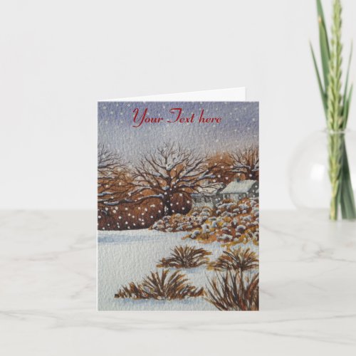 rural cottages snow scene art holiday card