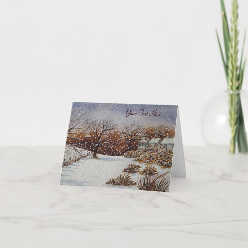 rural cottages snow scene at christmas holiday card