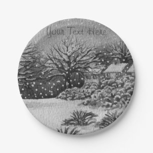 rural cottages snow scene christmas monochrome paper plates