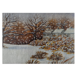 rural cottages snow scene original christmas cutting board