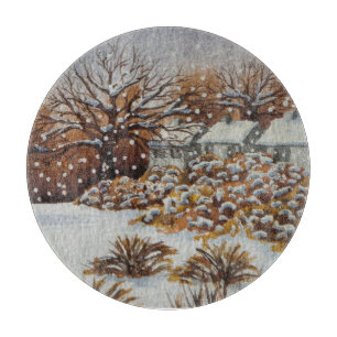 rural cottages snow scene original christmas cutting board
