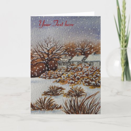 rural cottages snow scene original christmas holiday card