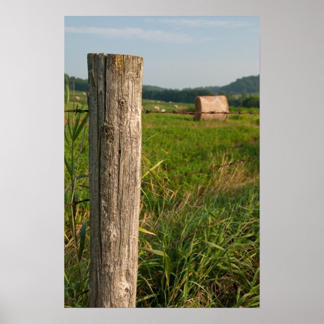 Rural Farm Fence Post and Hay Bales Poster (Front)
