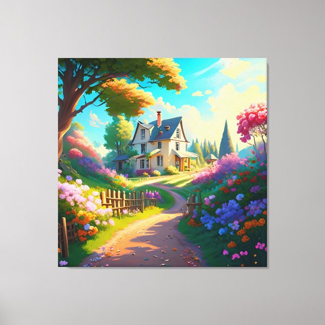 rural house with flowers garden  canvas print (Front)