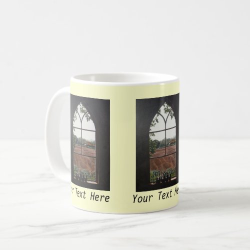 rural landscape view from church window coffee mug