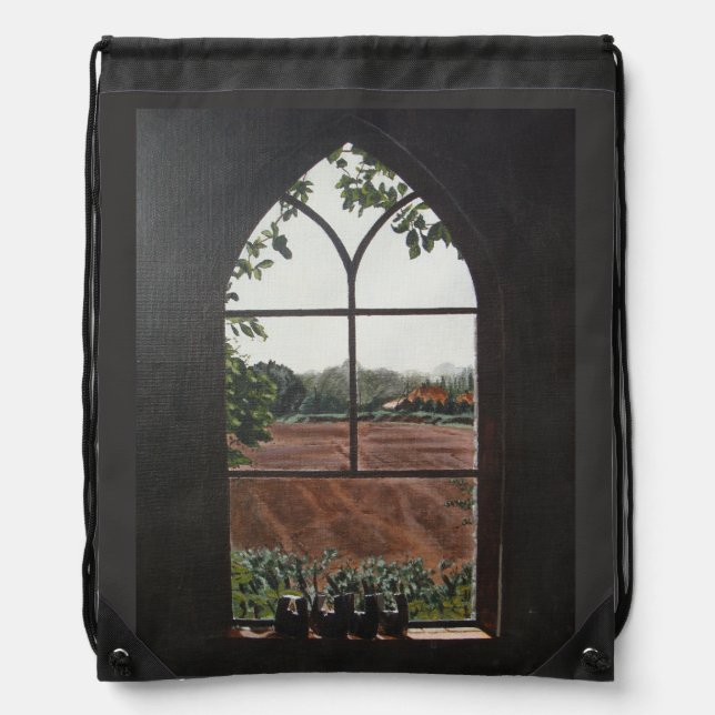 Rural landscape view from church window drawstring bag (Front)