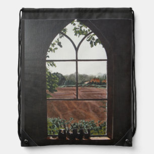 Rural landscape view from church window drawstring bag