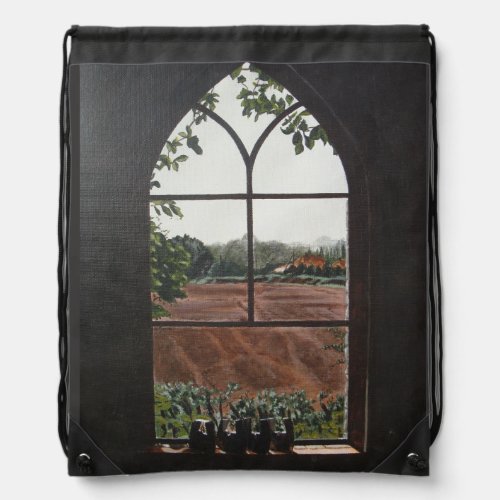 Rural landscape view from church window drawstring drawstring bag