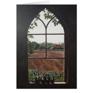 Rural landscape view from church window painting