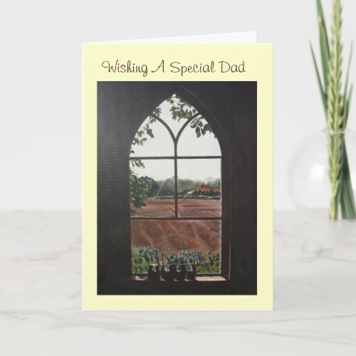 rural landscape view from church window painting card