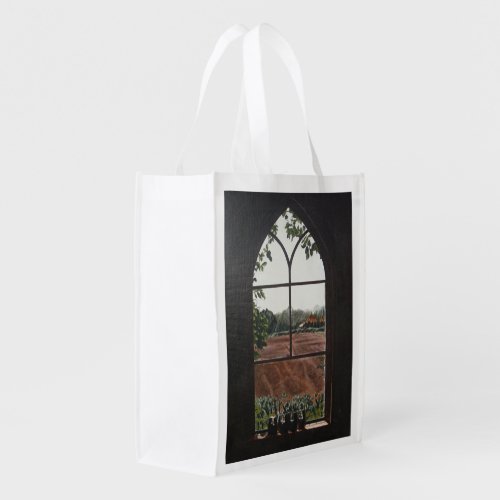 Rural landscape view from church window painting grocery bag