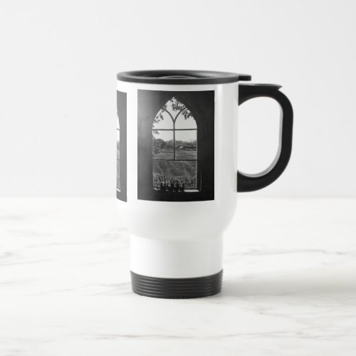 Rural landscape view from church window travel mug