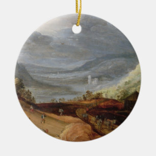 Rural Landscape with a Farmer Bridling Horses, a P Ceramic Ornament