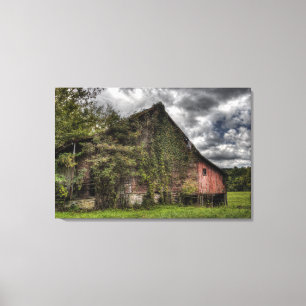 Rural Old Vine-Covered Red Barn Heavy Clouds Canvas Print