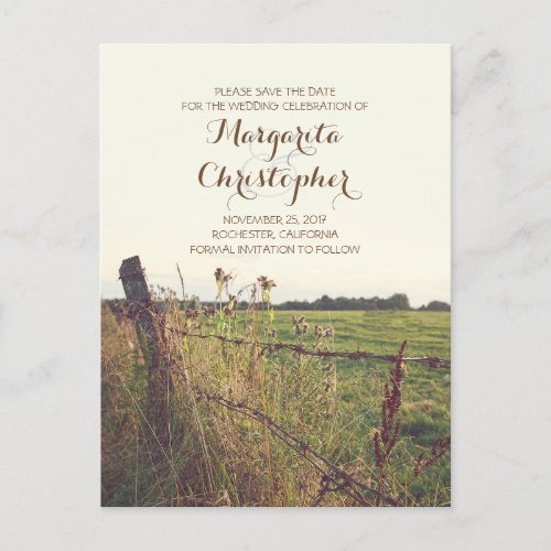 rural pasture fence rustic save the date postcards