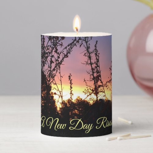 Rural Rising Sun Behind Wildflower Silhouettes Pillar Candle