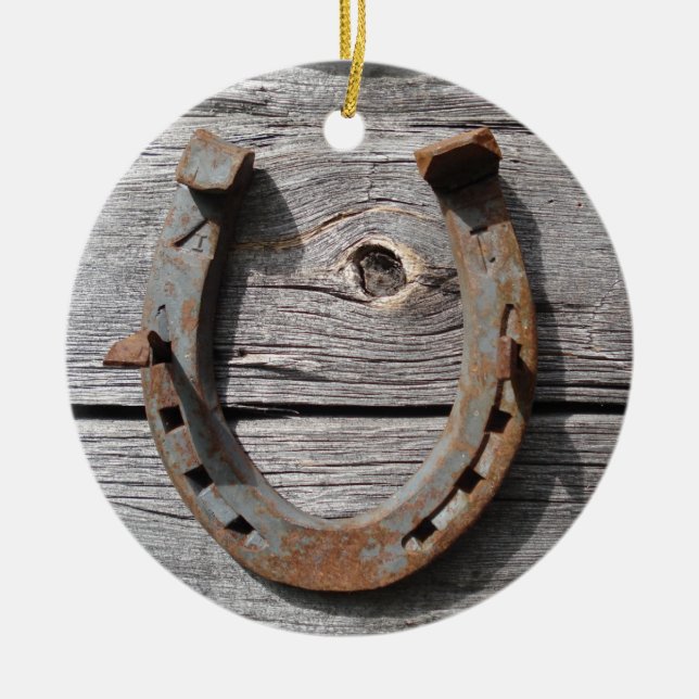 Rural Rusty Horseshoe Hanging Xmas Pendant Ceramic Ornament (Front)