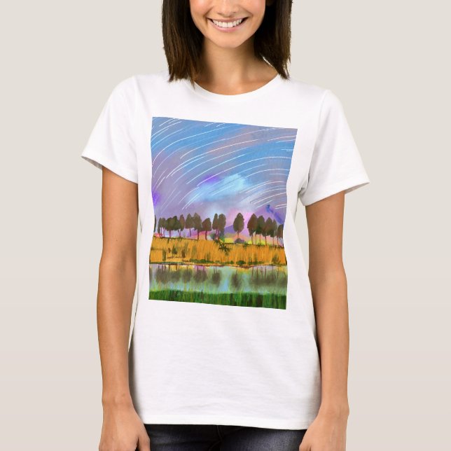 Rural scene with star trails landscape watercolor  T-Shirt (Front)